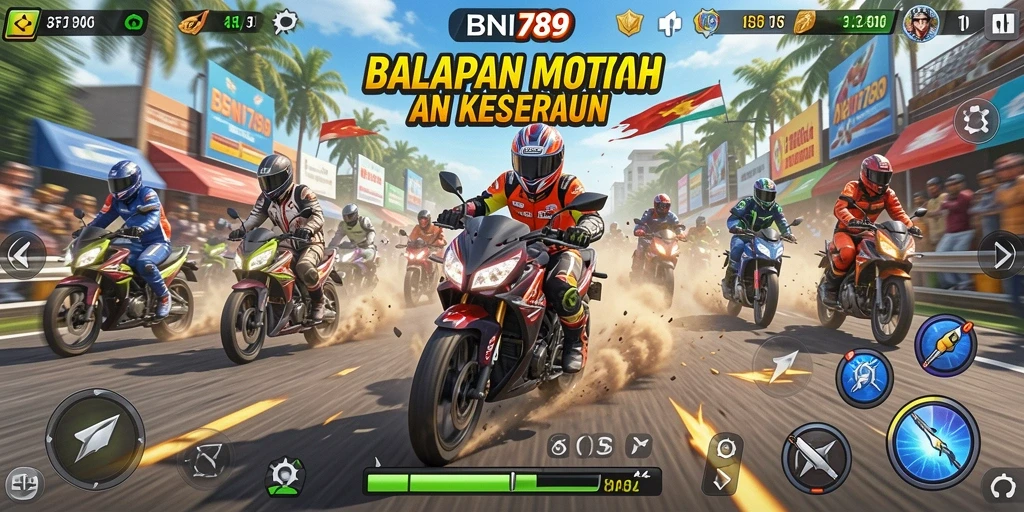 Screenshot gameplay BNI789 menampilkan balapan motor seru dengan grafis menawan.