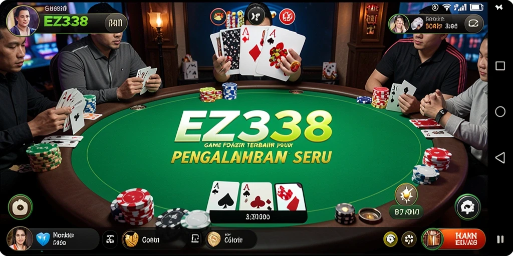 Screenshot EZ338 menampilkan gameplay Poker yang menegangkan dan seru.
