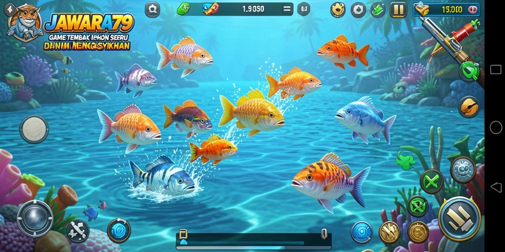 Gameplay seru JAWARA79 saat menembak ikan berwarna-warni.