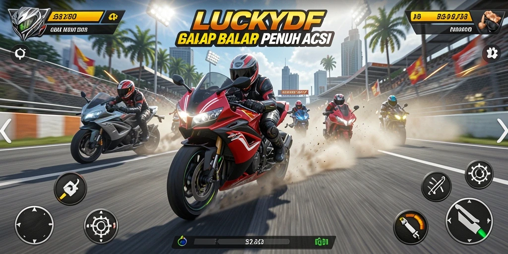 Tangkapan layar gameplay dari LUCKYDF menampilkan aksi balap motor yang mendebarkan.