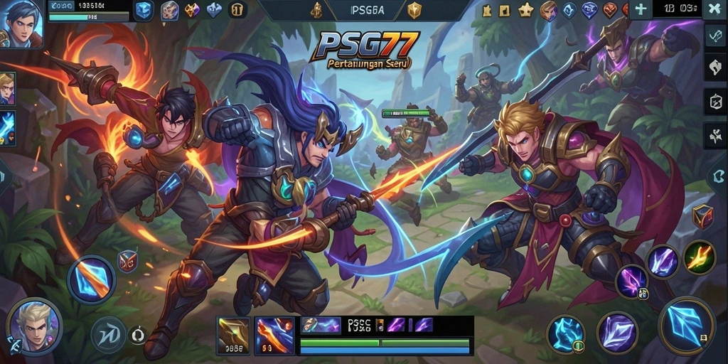Tangkapan layar yang menampilkan pertempuran seru dalam game MOBA PSG77.