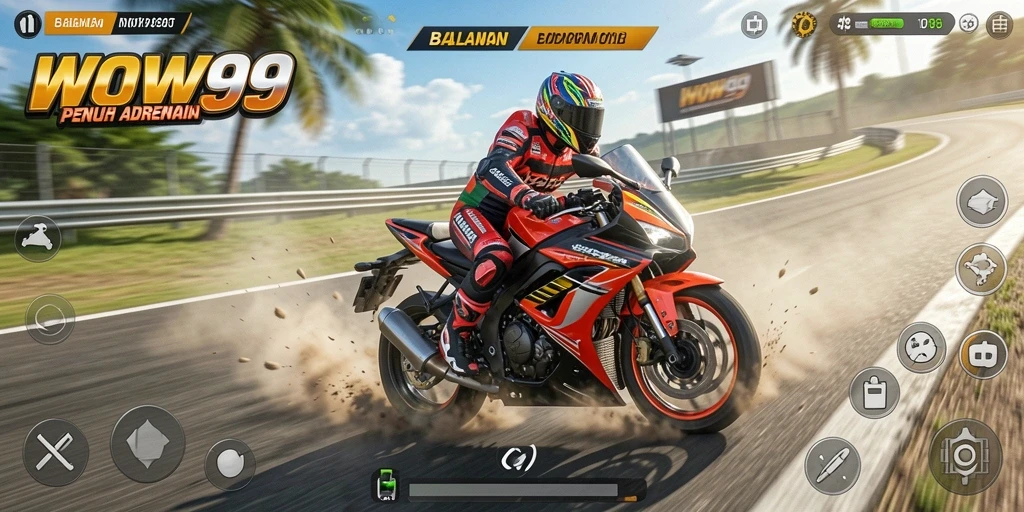 Screenshot gameplay WOW99 menampilkan aksi balapan motor yang menegangkan.