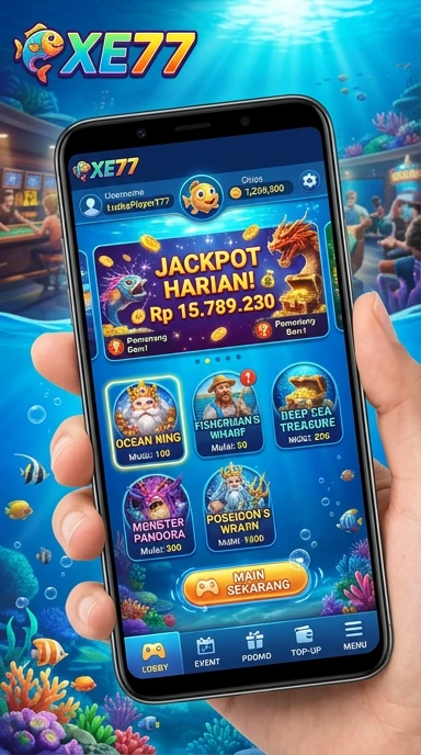 Screenshot aplikasi xe77 dengan banyak pilihan kategori.